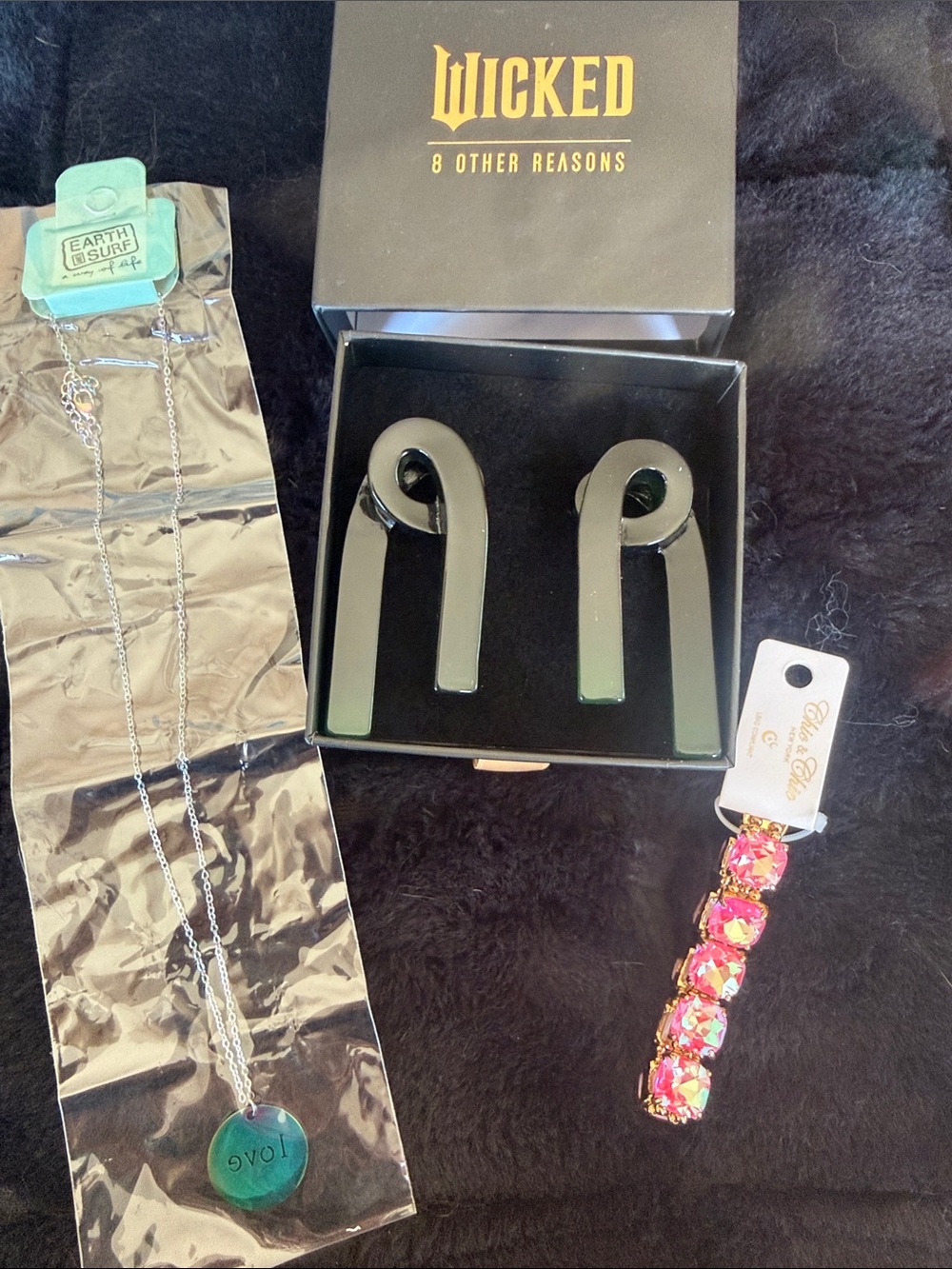 Wicked Earrings, pink jewel bracelet, LOVE necklace lot